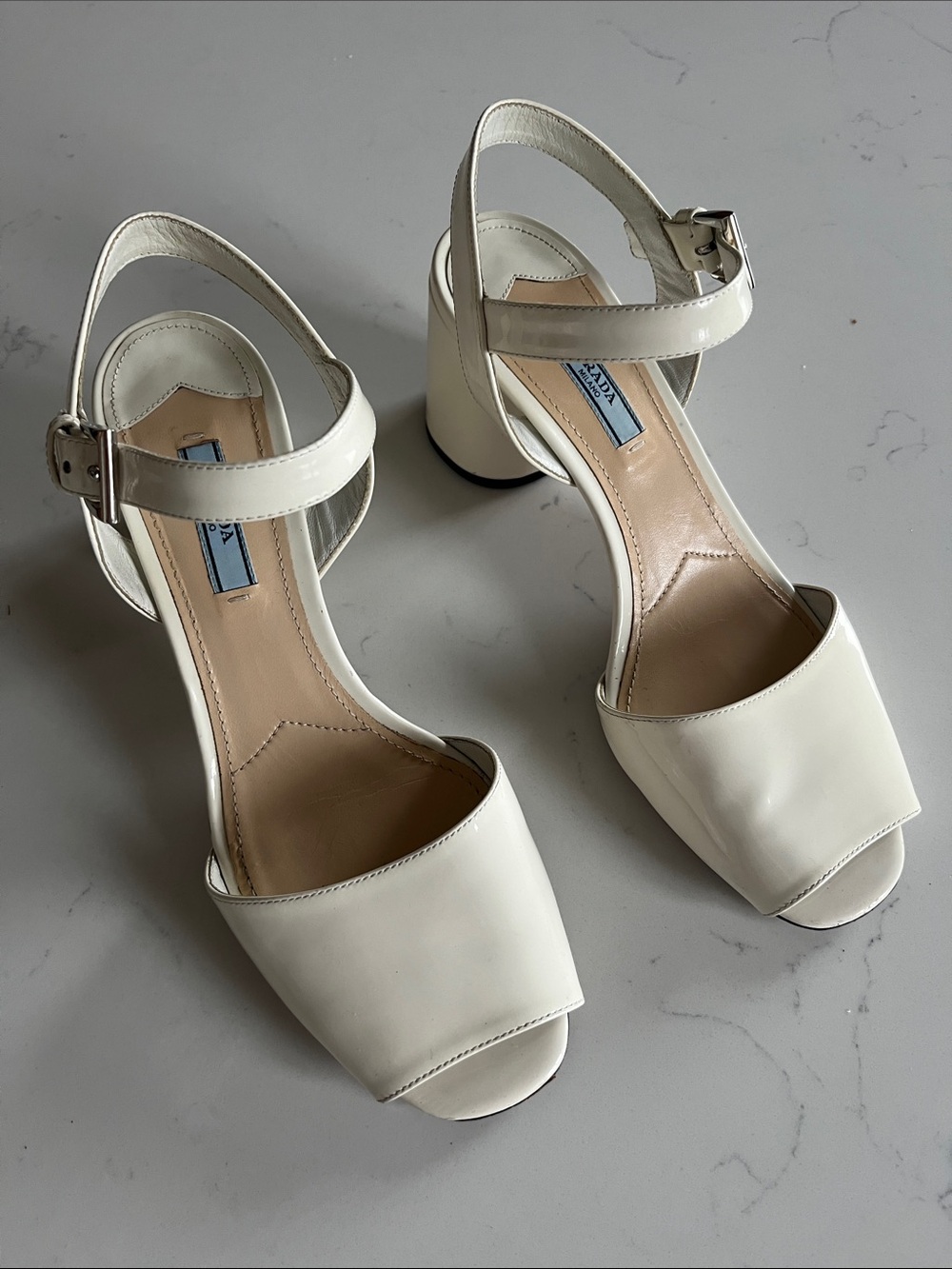Prada Cream Patent Leather Block Round Heel Sandals 39